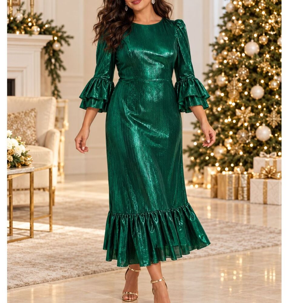 Tuckernuck Pomander Place Lillith Emerald Lurex Midi Dress XL NWT Romantic Party
